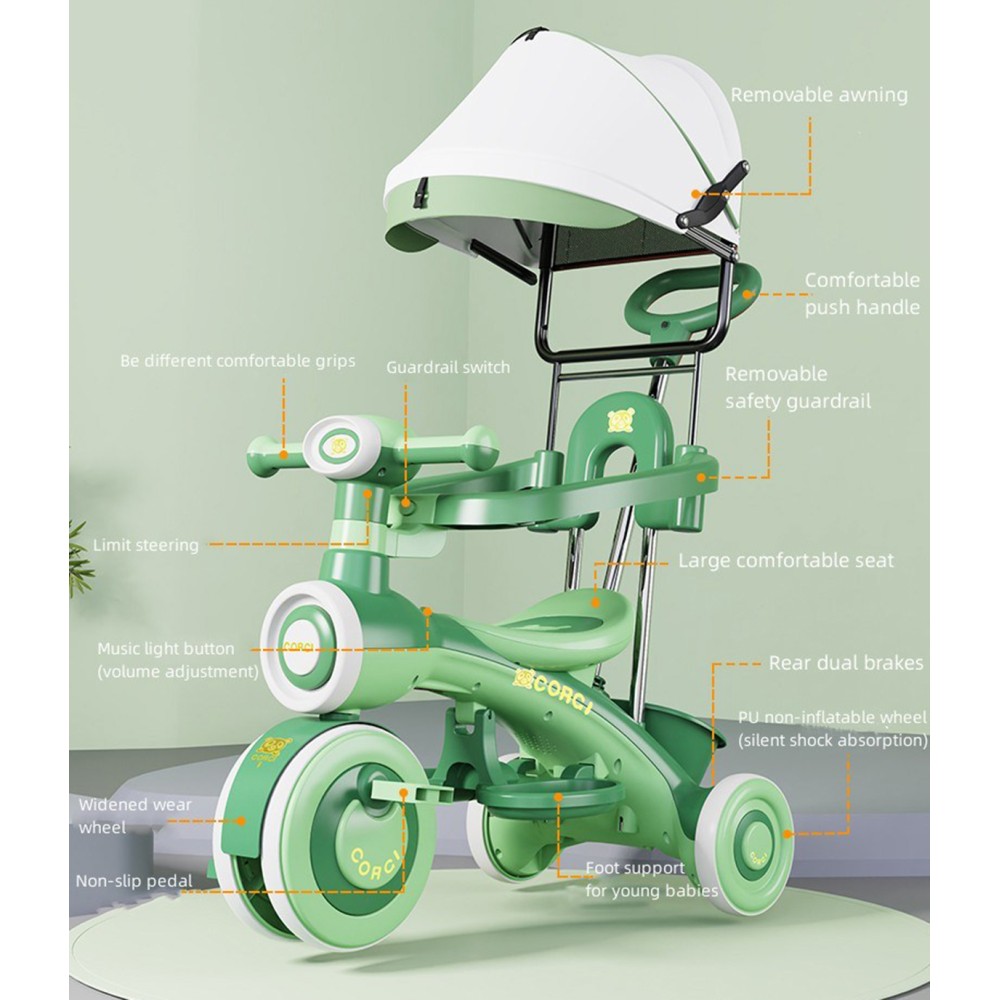 Baby Tricycle with Canopy and Push Handle